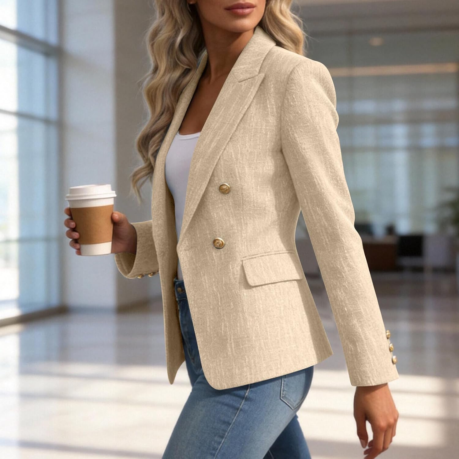 Women's Tweed Double Breasted Blazers Business Casual Suit Jackets Women Blazer Jacket Long Sleeve Notch Lapel Button Down Work Office with Pockets Women's Tweed Double Breasted Blazers Business Casual Suit Jackets Women Blazer Jacket Long Sleeve Notch Lapel Button Down Work Office with Pockets