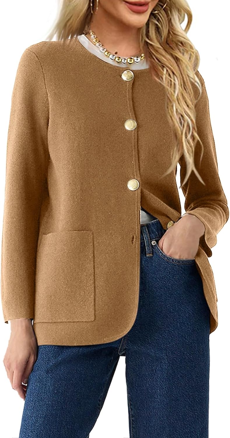 Women's Camel Button Down Cardigan with Pockets