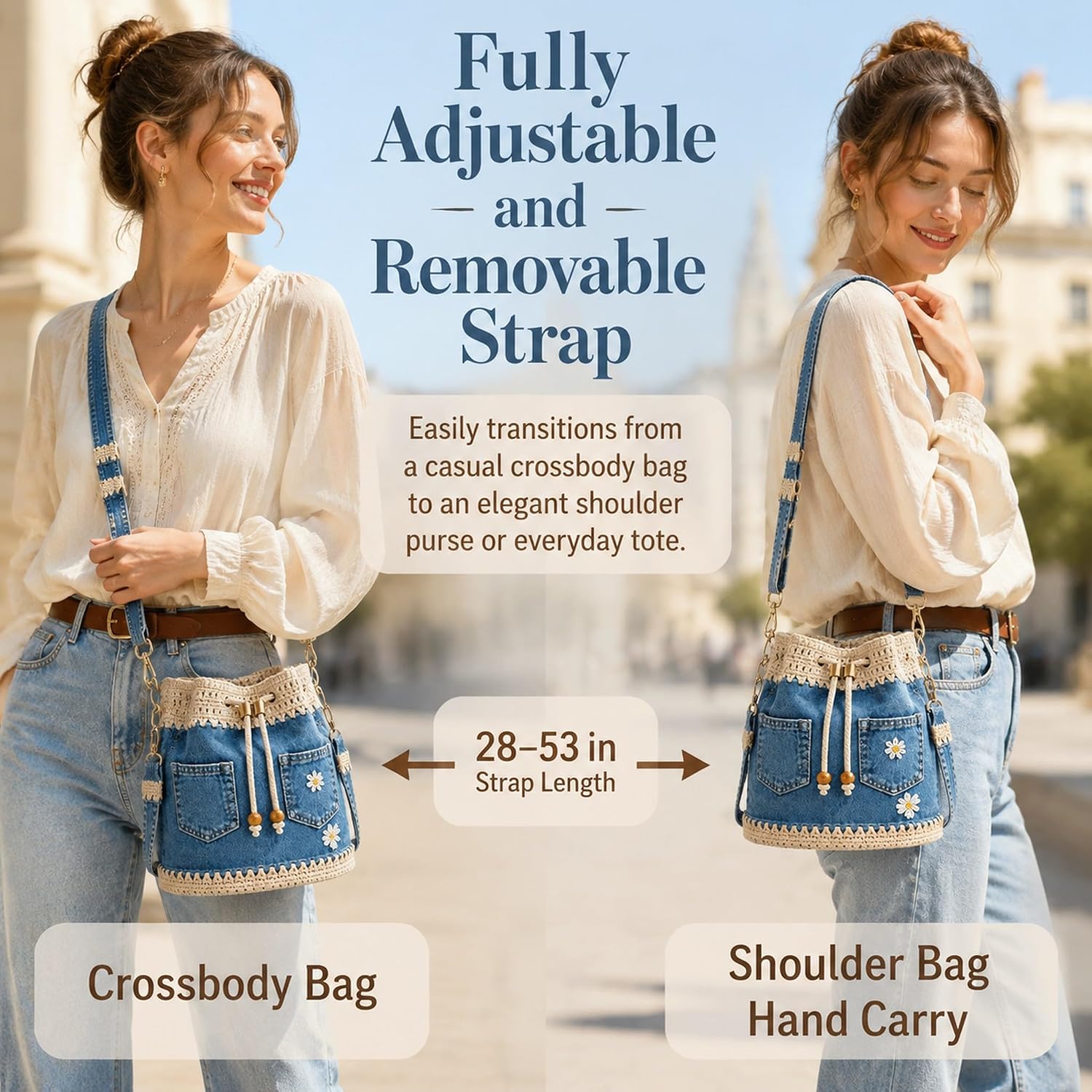 Women's Denim Crochet Bucket Tote Bag Blue Women's Denim Crochet Bucket Tote Bag Blue