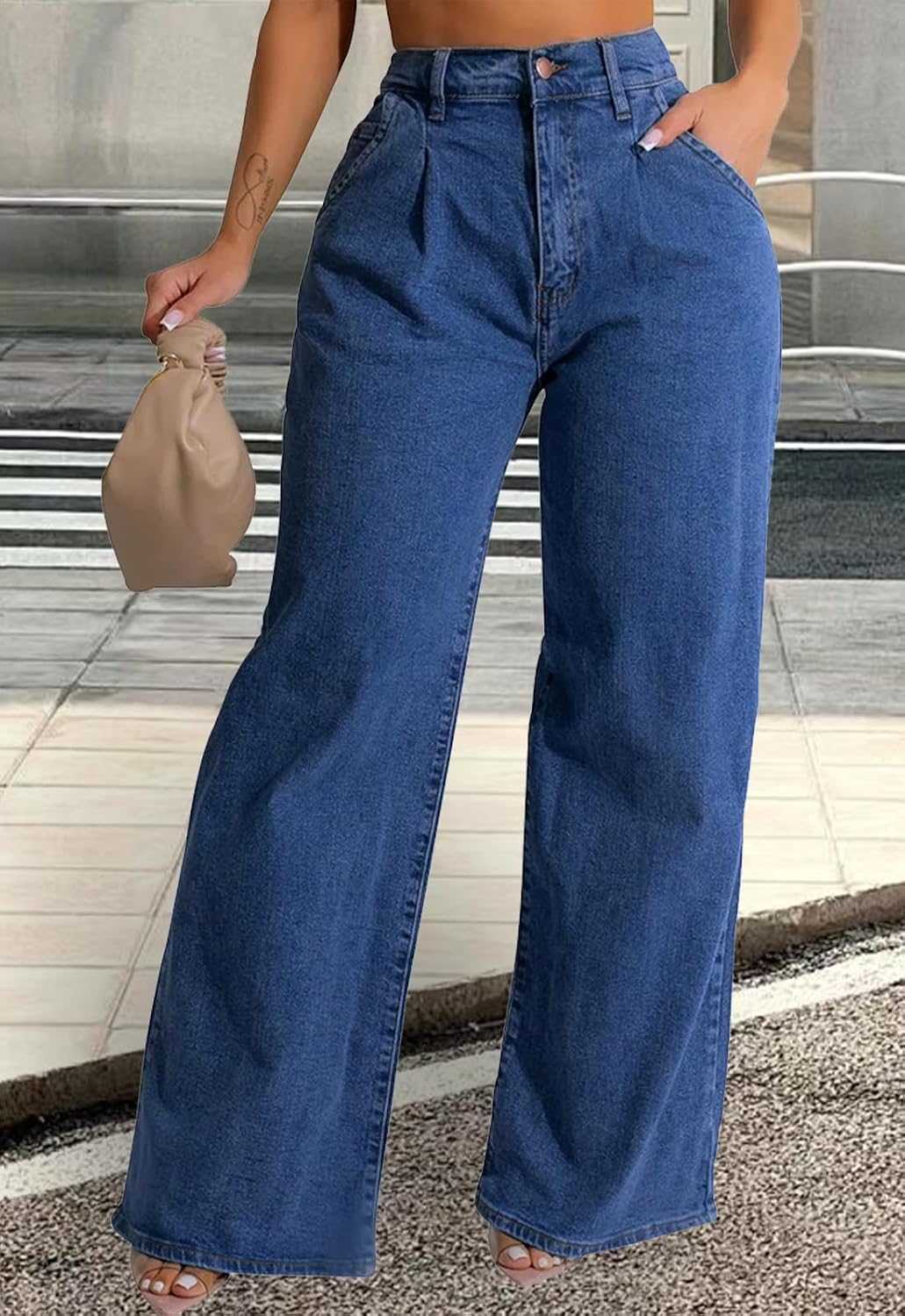Women's High Rise Baggy Wide Leg Jeans Mid Wash