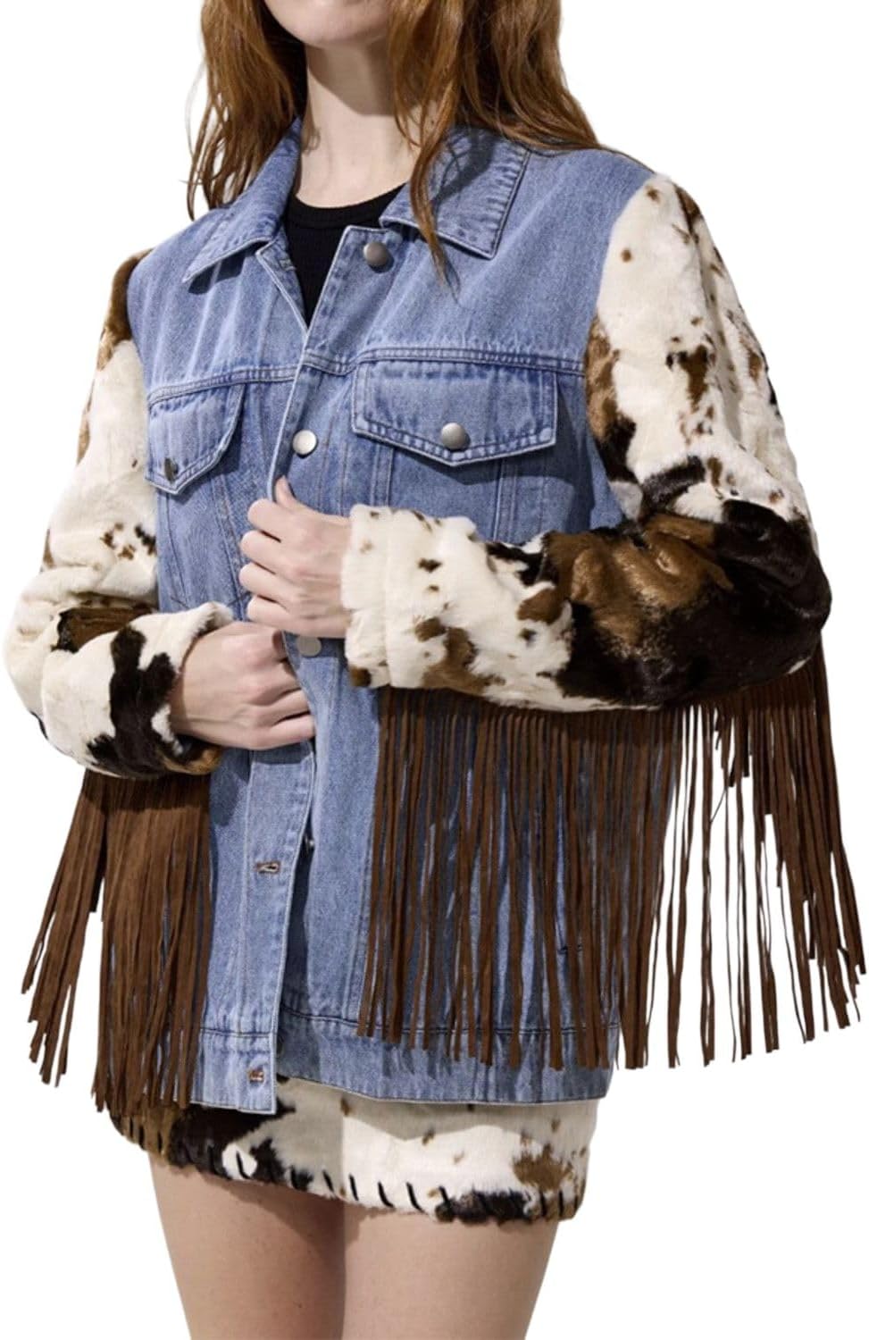 Women's Cow Print Sleeve Fringe Denim Jacket Western