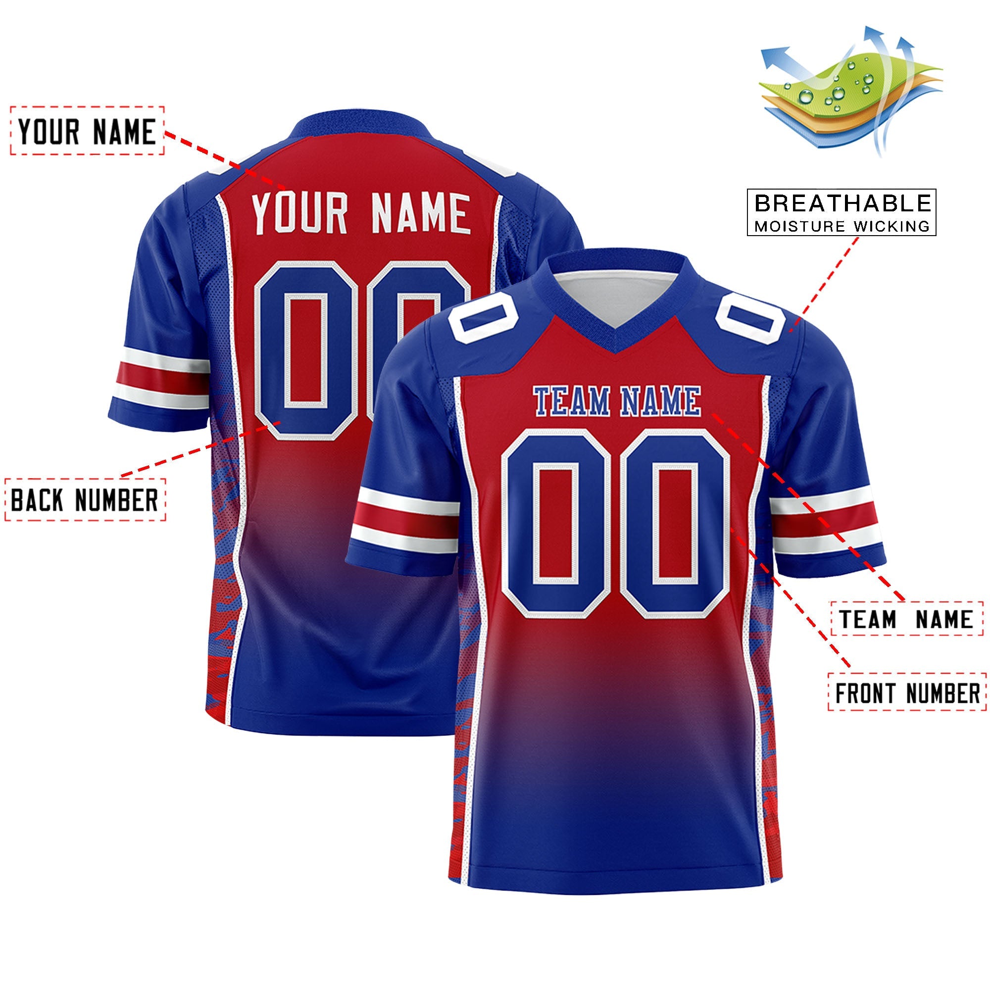 Authentisches Fußballtrikot mit individuellem Farbverlauf und personalisiertem Seitenmuster