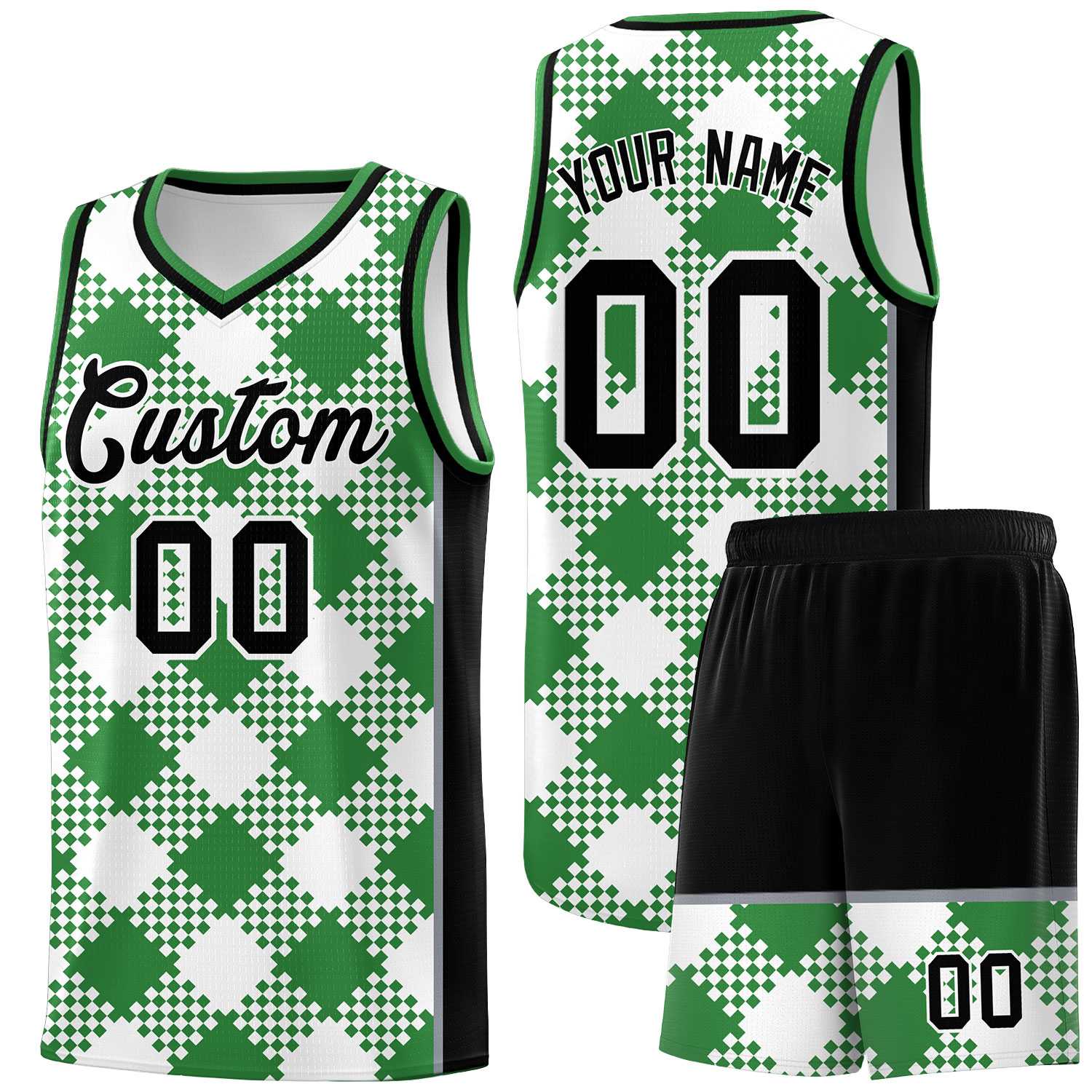 Benutzerdefinierte weiße Kelly Green-Gray Grid-Basketball-Kits für das Team