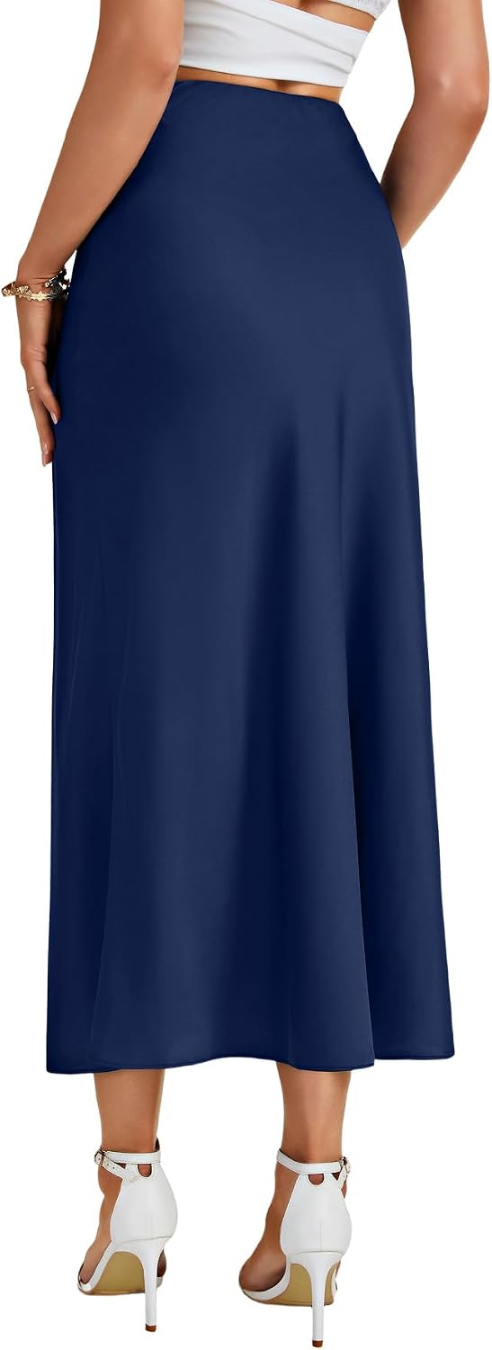 Women's Satin Silky Midi Skirt Elastic Waist Navy