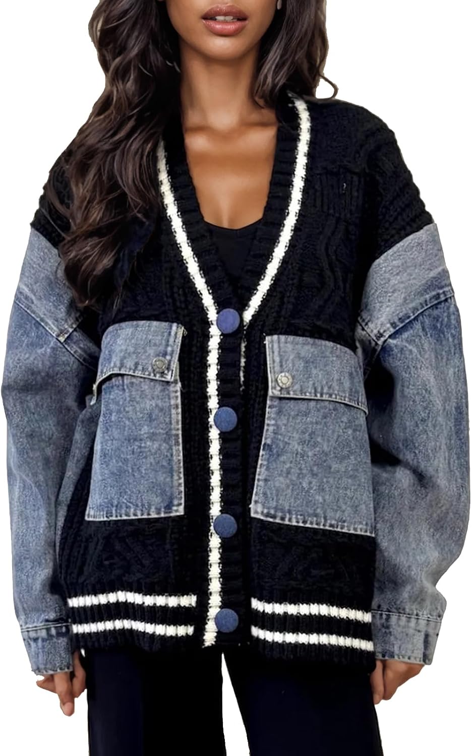 Women Open Front Sweater Cardigan Denim Patchwork Long Sleeve Chunky Knit Button Down Jackets with Pockets
