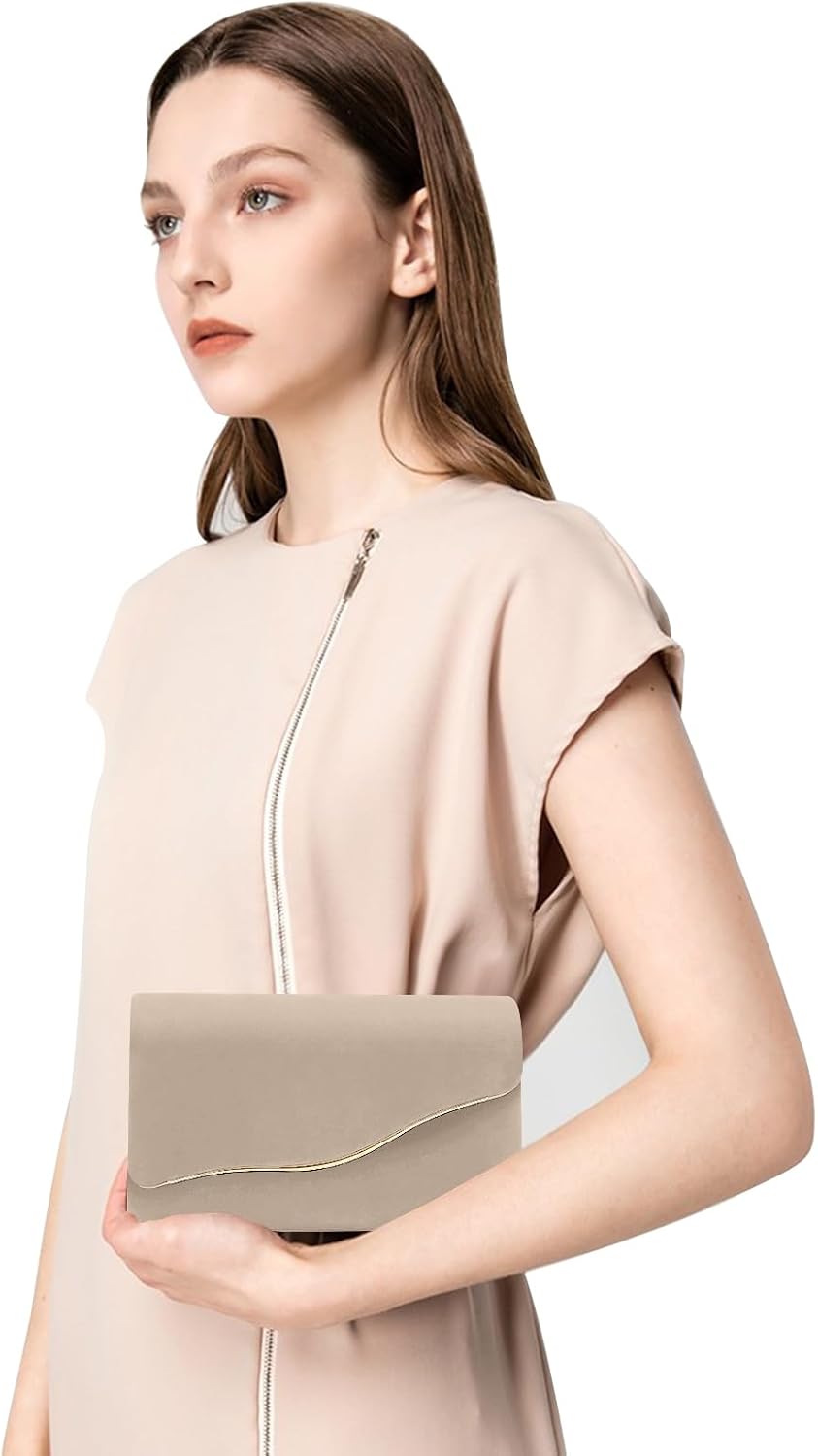 Women's Beige Faux Suede Envelope Clutch with Gold Chain