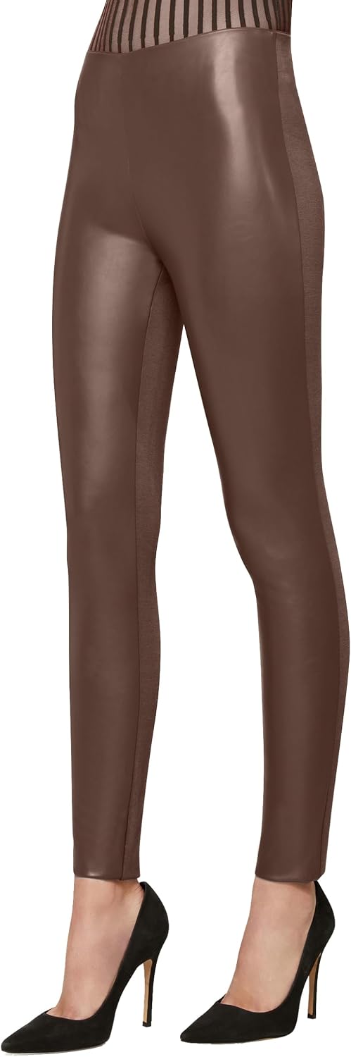 Women's Faux Leather Front Leggings with Mesh Panels (Brown)