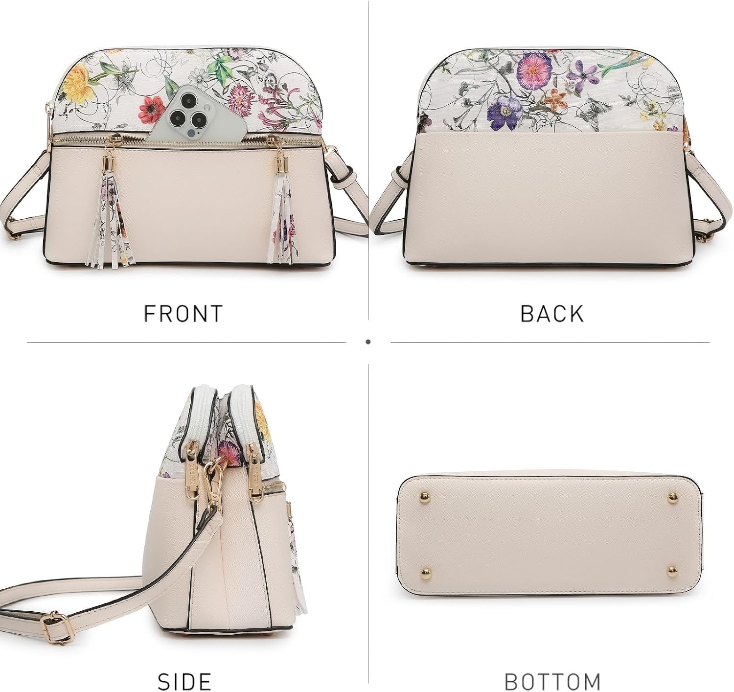 Women's Beige Floral-Print Dome Crossbody Bag Tassel