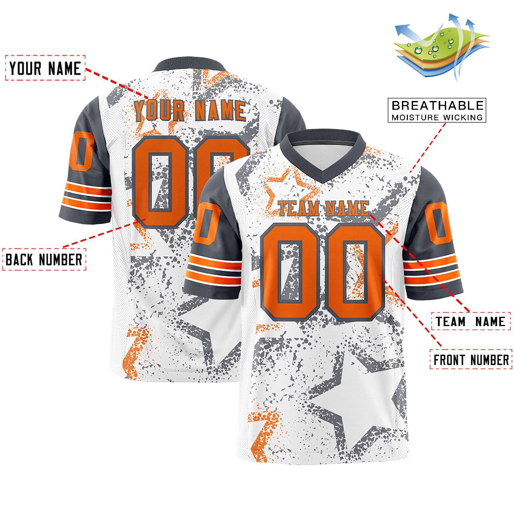 Benutzerdefiniertes, personalisiertes Sternmuster-Design in Weiß, Dunkelgrau und Orange, authentisches Fußballtrikot