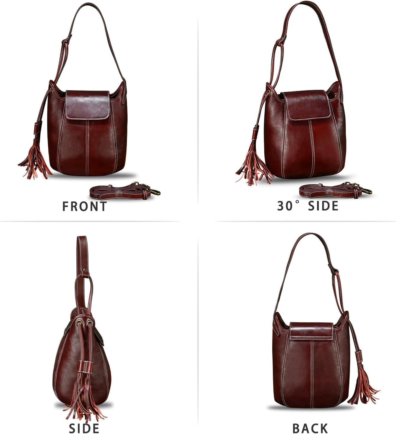 Women's Genuine Leather Hobo Bag with Tassel Burgundy