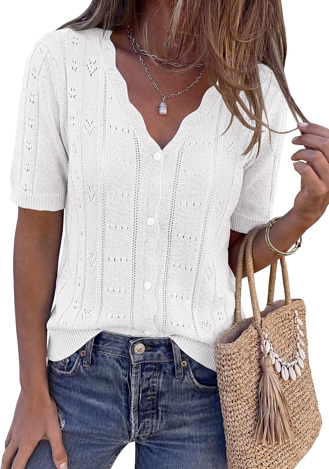 Womens Short Sleeve Crochet Knit Sweater Summer Fashion Button Down Cardigans Tops