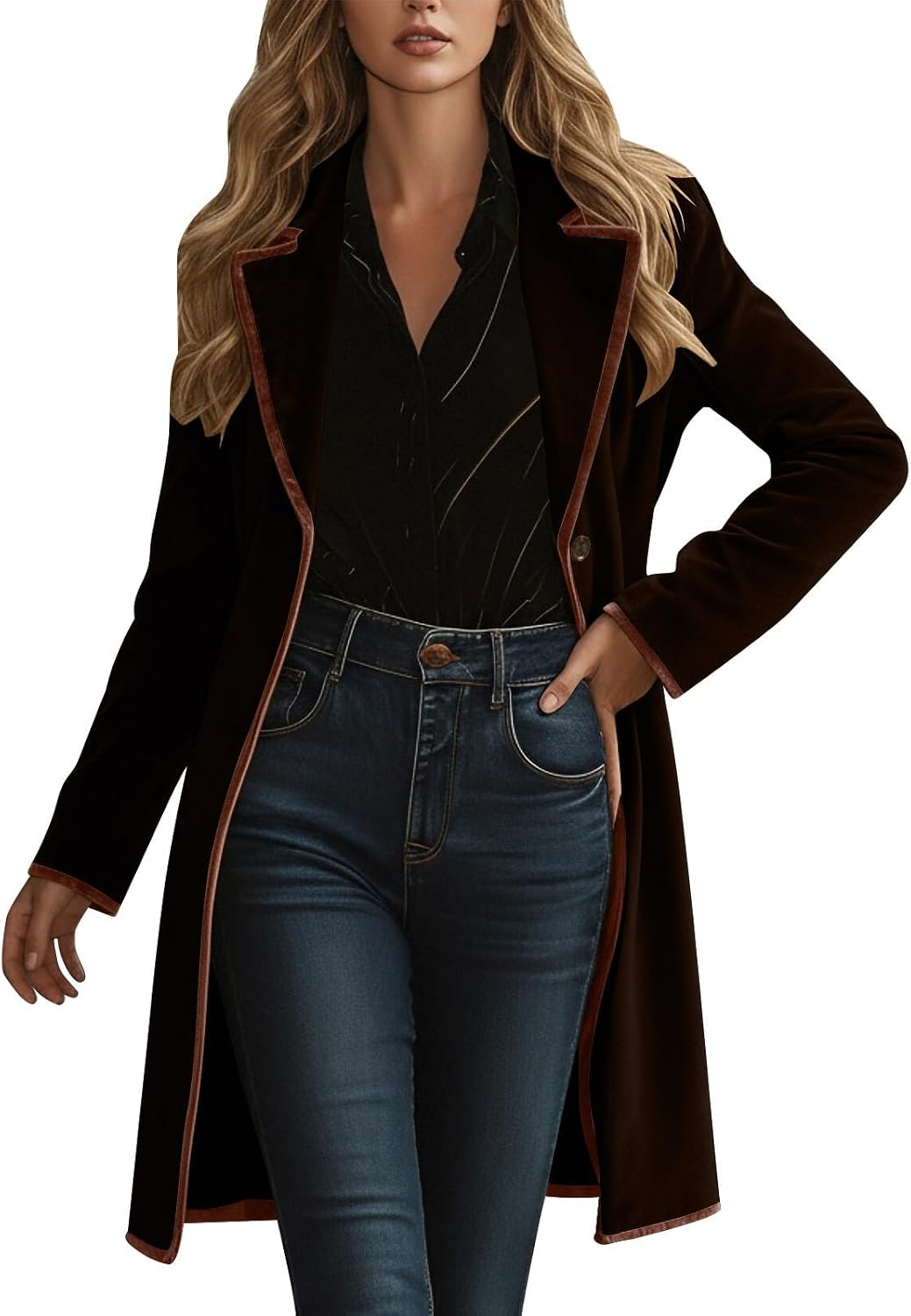 Women's Velvet Open Front Long Trench Coat Elegant Blazer Suit Jacket Sleeve Lapel Collar Outerwear Jackets