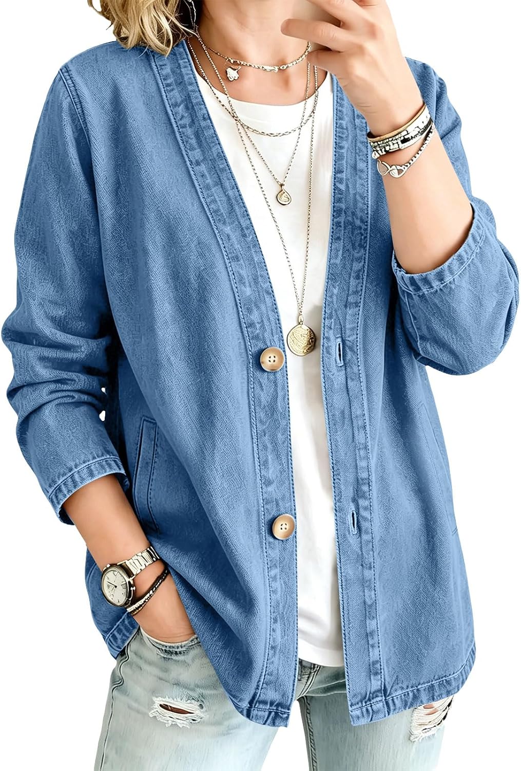 Denim Cardigan Jacket for Women Classic 3-Quarter Sleeve Jeans Oversized Wash V Neck Open Front Coat