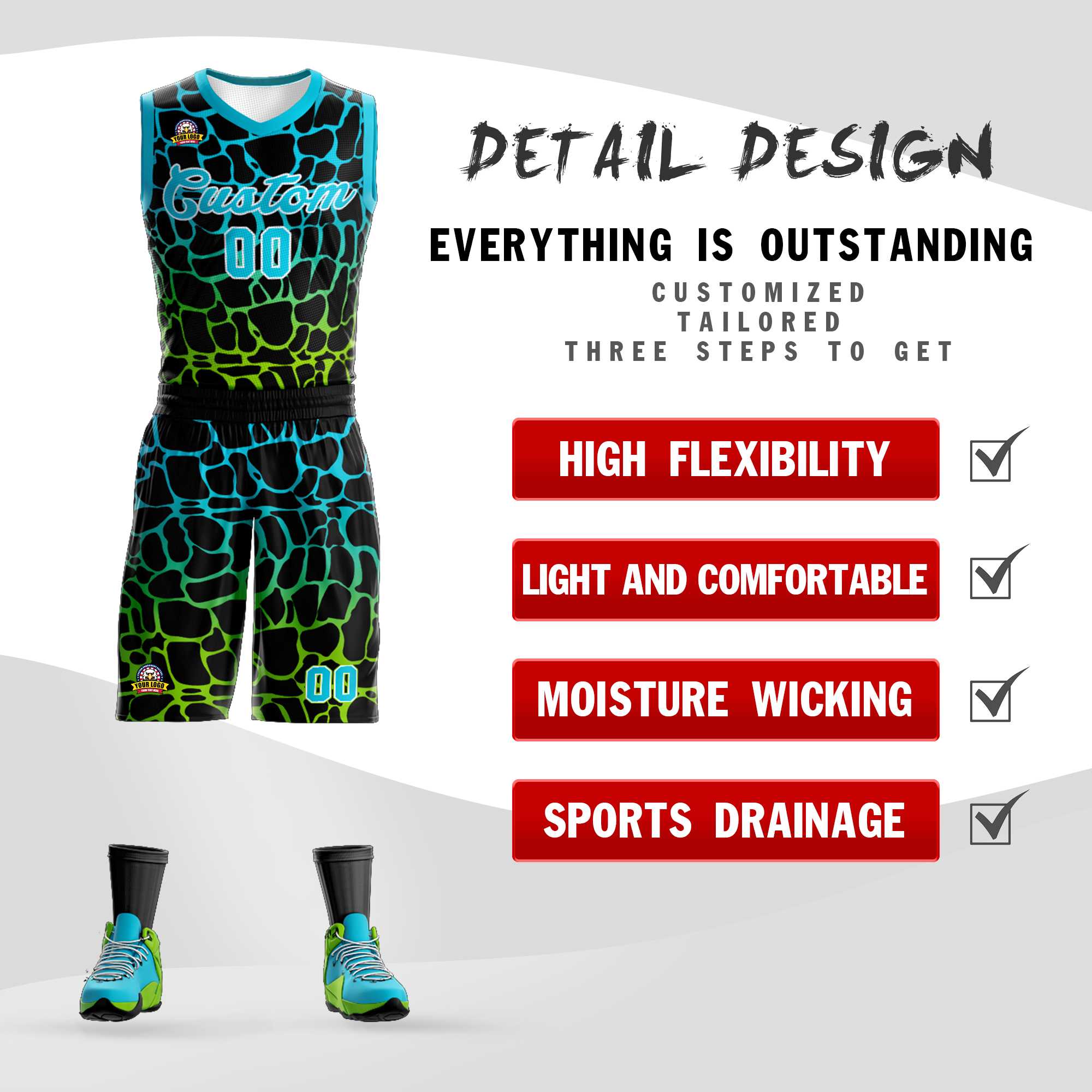 Benutzerdefiniertes schwarzes, himmelblau-neongrün geflecktes Graffiti-Muster-Sportuniform-Basketballtrikot