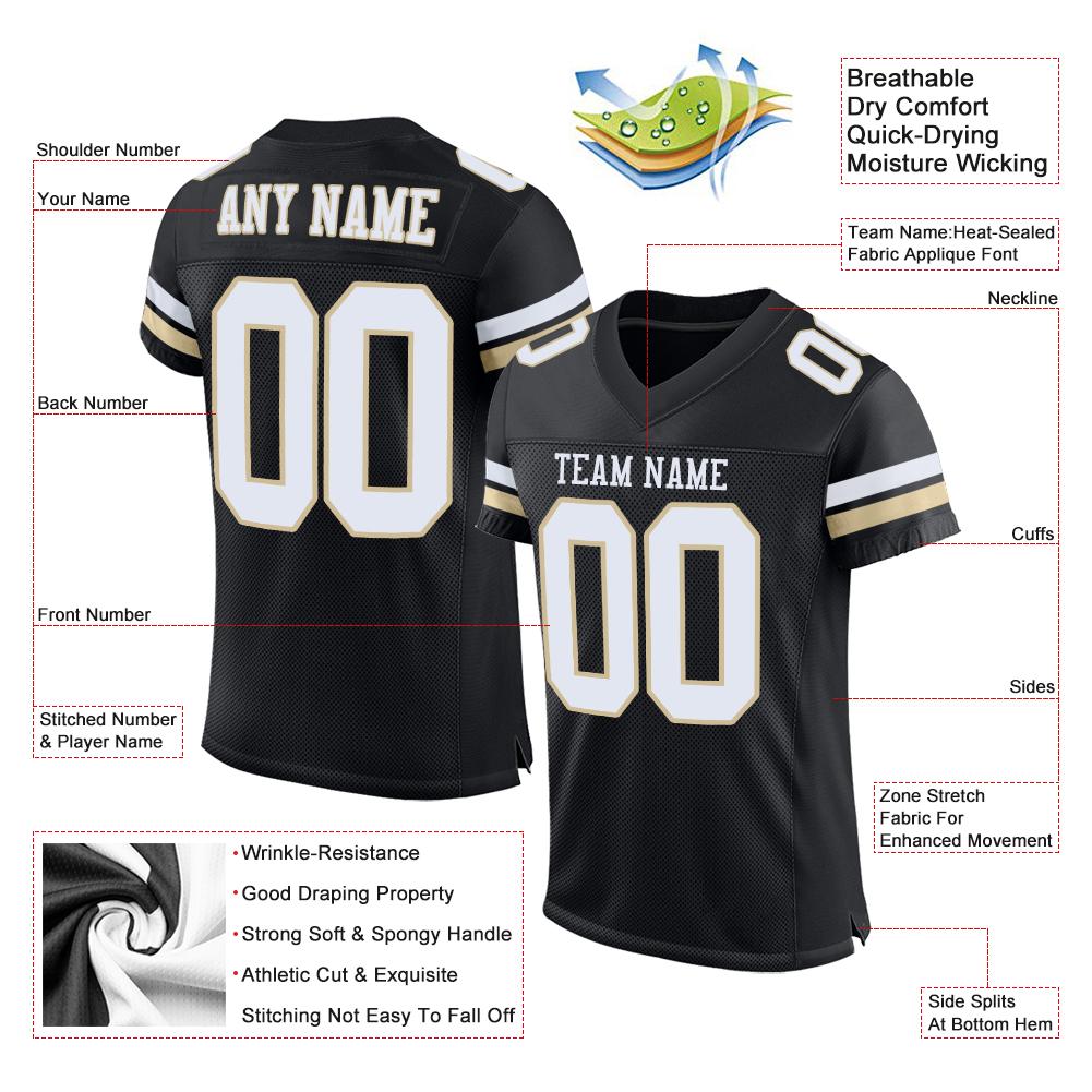 Maßgeschneidertes authentisches Mesh-Fußballtrikot im klassischen Schwarz-Weiß-Vegas-Gold-Stil