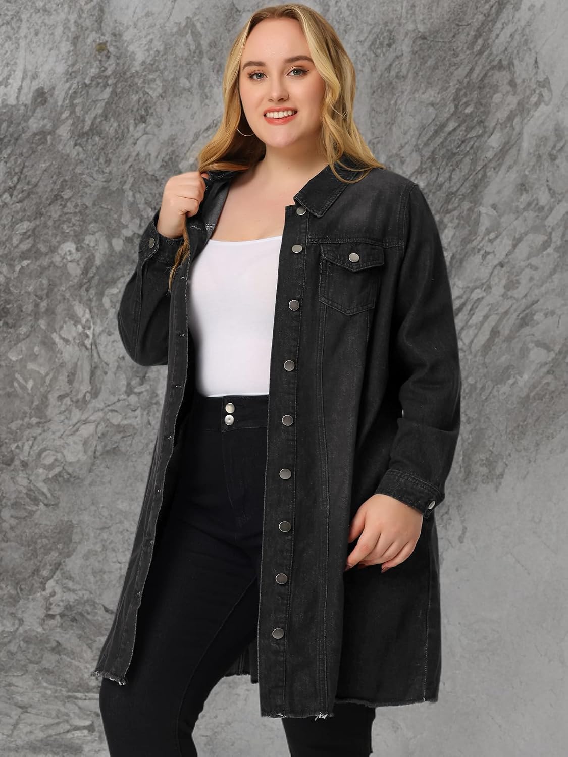 Women's Plus Size Washed Black Long Denim Jacket Women's Plus Size Washed Black Long Denim Jacket
