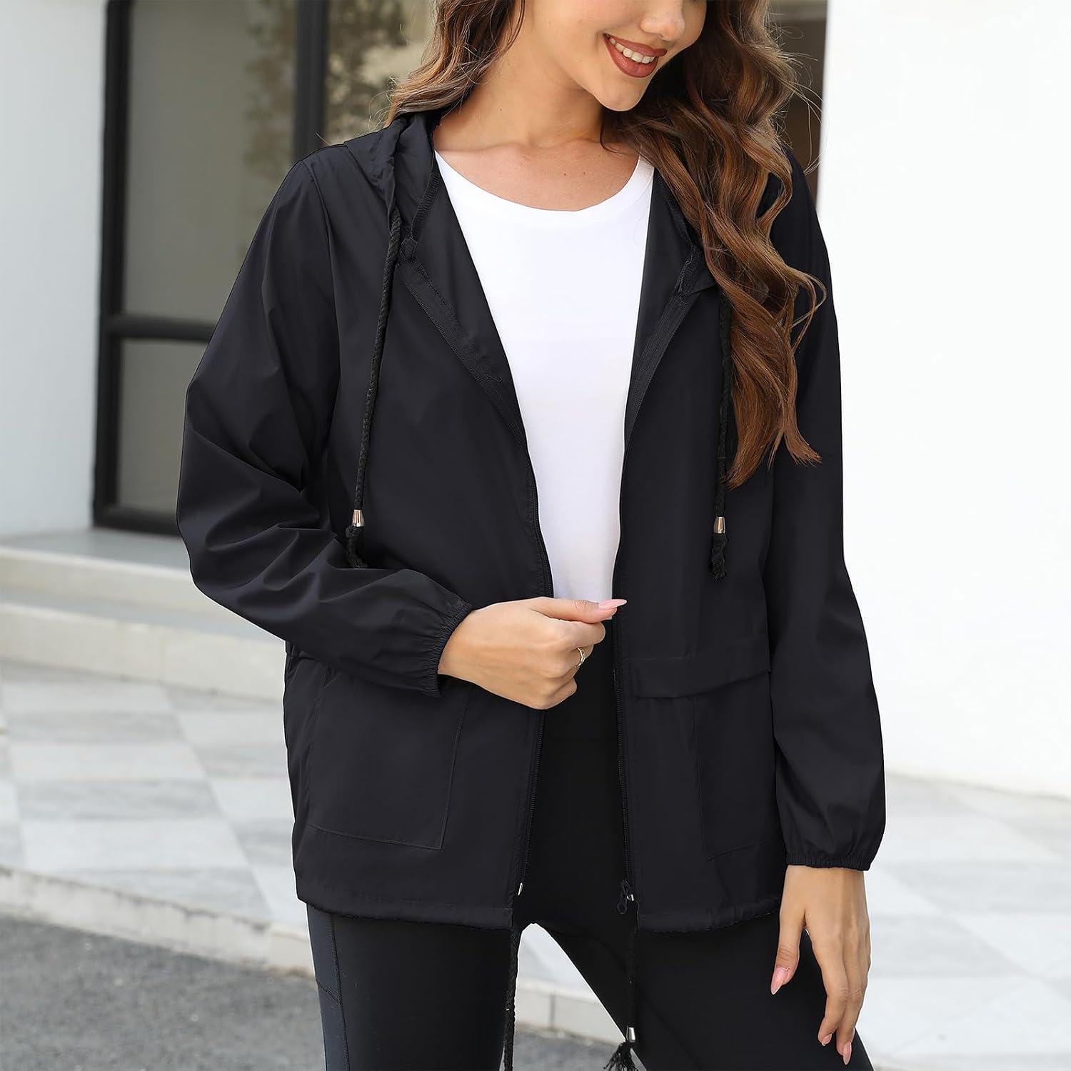 Women's Long Hooded Rain Jacket Packable Waterproof Black