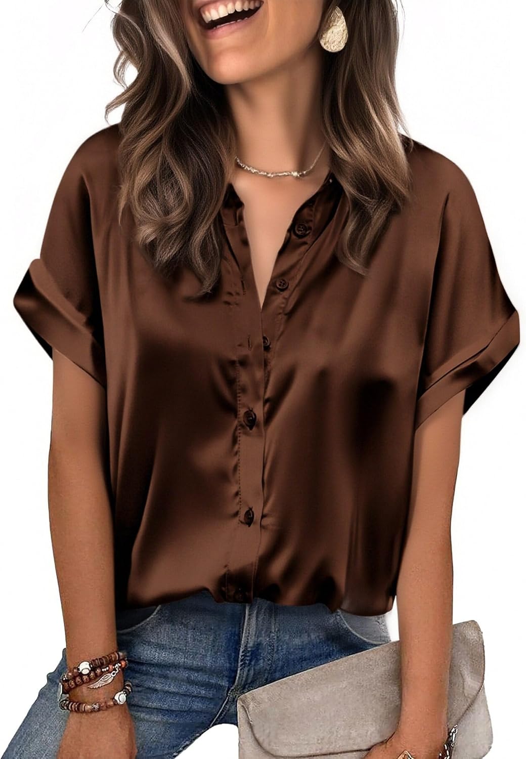 Womens Satin Blouse Short Sleeve Silk Tops Button Down Shirts Business Casual Outfits