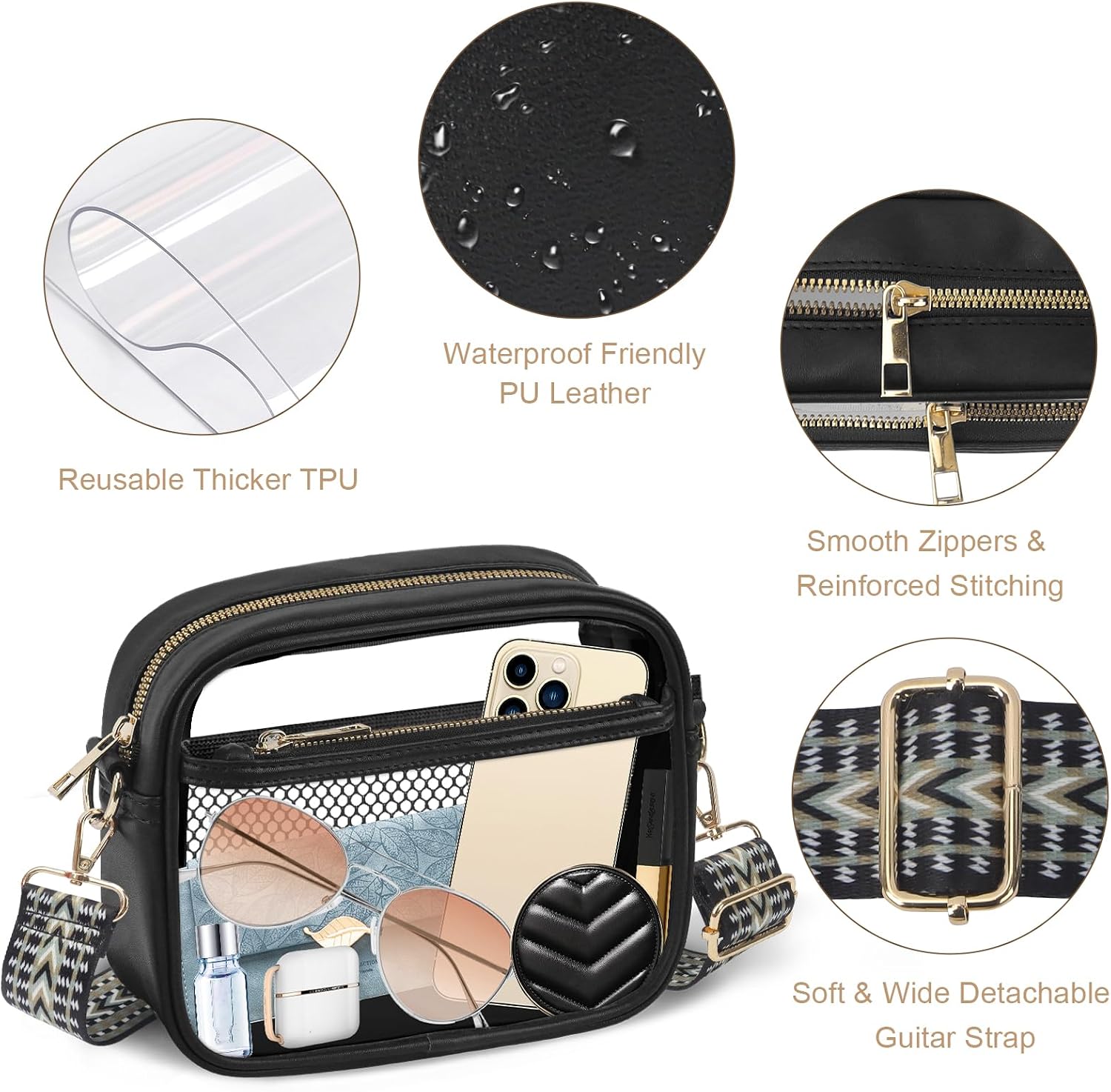 Women's Clear Crossbody Bag Stadium Approved TPU Purse Black