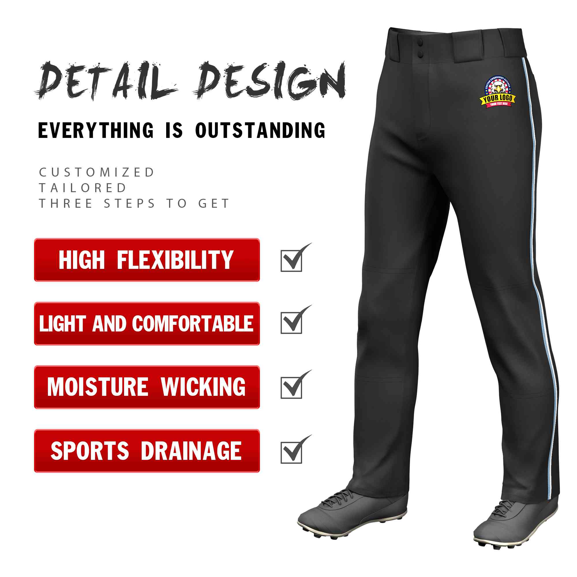 Custom Light Blue-White Classic Fit Stretch Practice Loose-fit Baseball Pants
