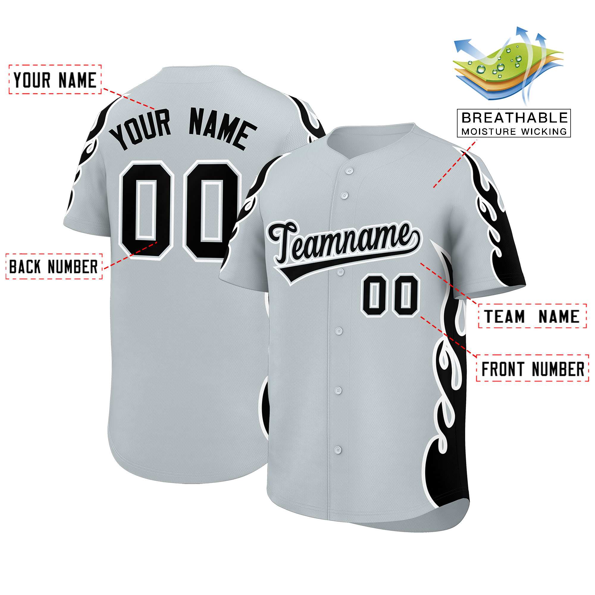 Benutzerdefiniertes Baseball-Trikot mit Seitenflammen-Umrissmuster für Sportuniformen