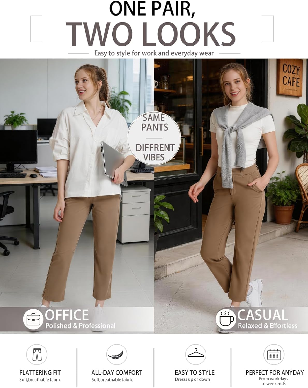 Women's Golf Pants Stretch Ankle Slacks with Pockets Tan