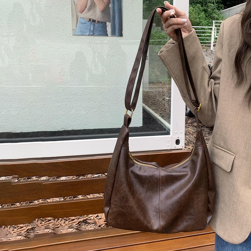 Women's PU Leather Slouchy Hobo Shoulder Bag Brown