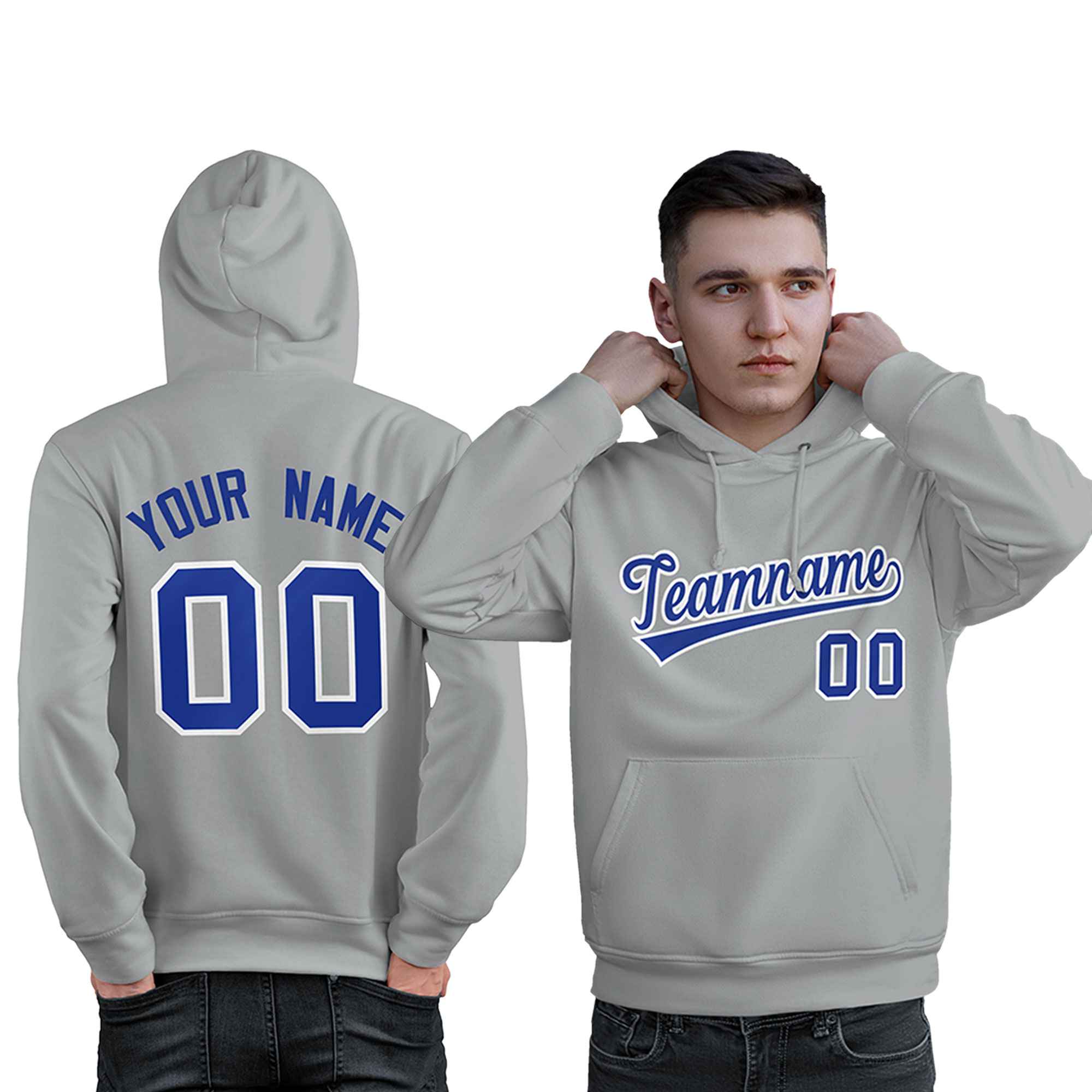 Benutzerdefinierter, personalisierter Sport-Pullover-Hoodie im klassischen grau-königsweißen Stil