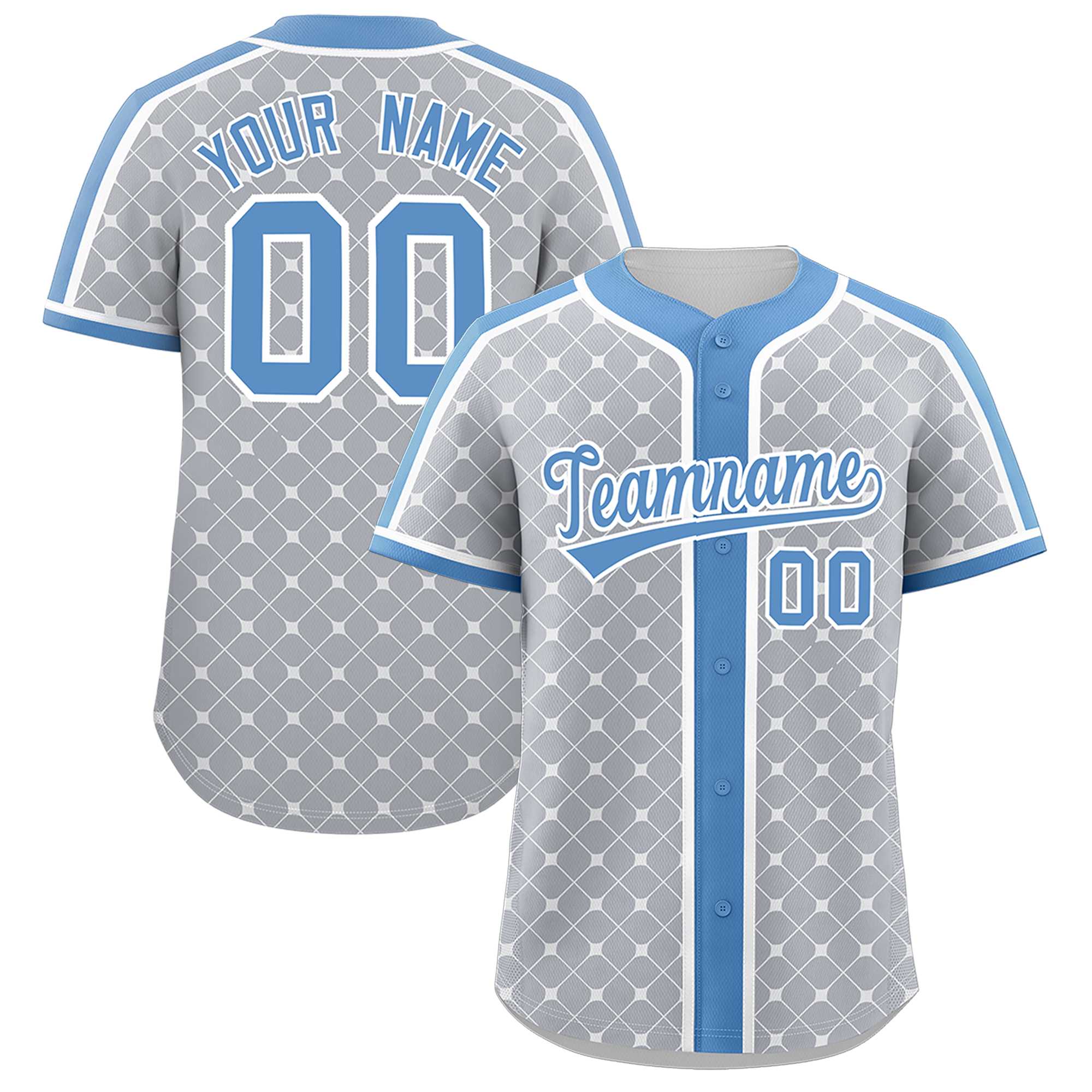 Benutzerdefiniertes, authentisches Baseball-Trikot in Hellgrau, Hellblau und Weiß mit personalisiertem Karomuster