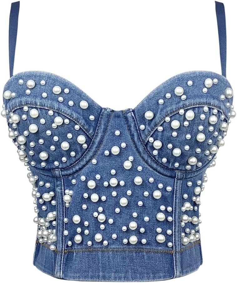 Women's Pearl Beaded Denim Bustier Crop Cami Top