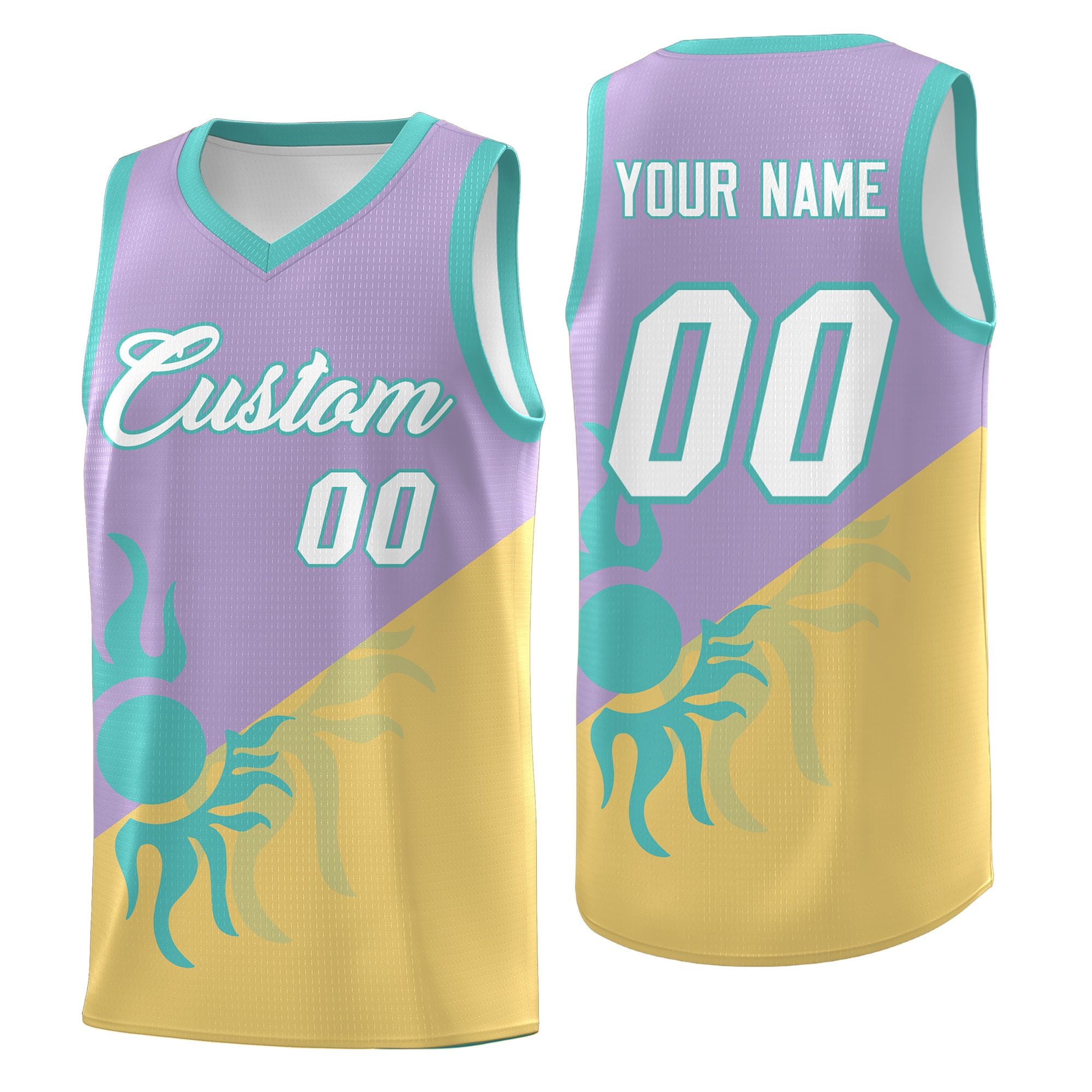 Maßgeschneidertes hellviolettes, altgoldenes, strahlendes Sonnendesign, zweifarbig, atmungsaktiv, einheitliches Basketballtrikot