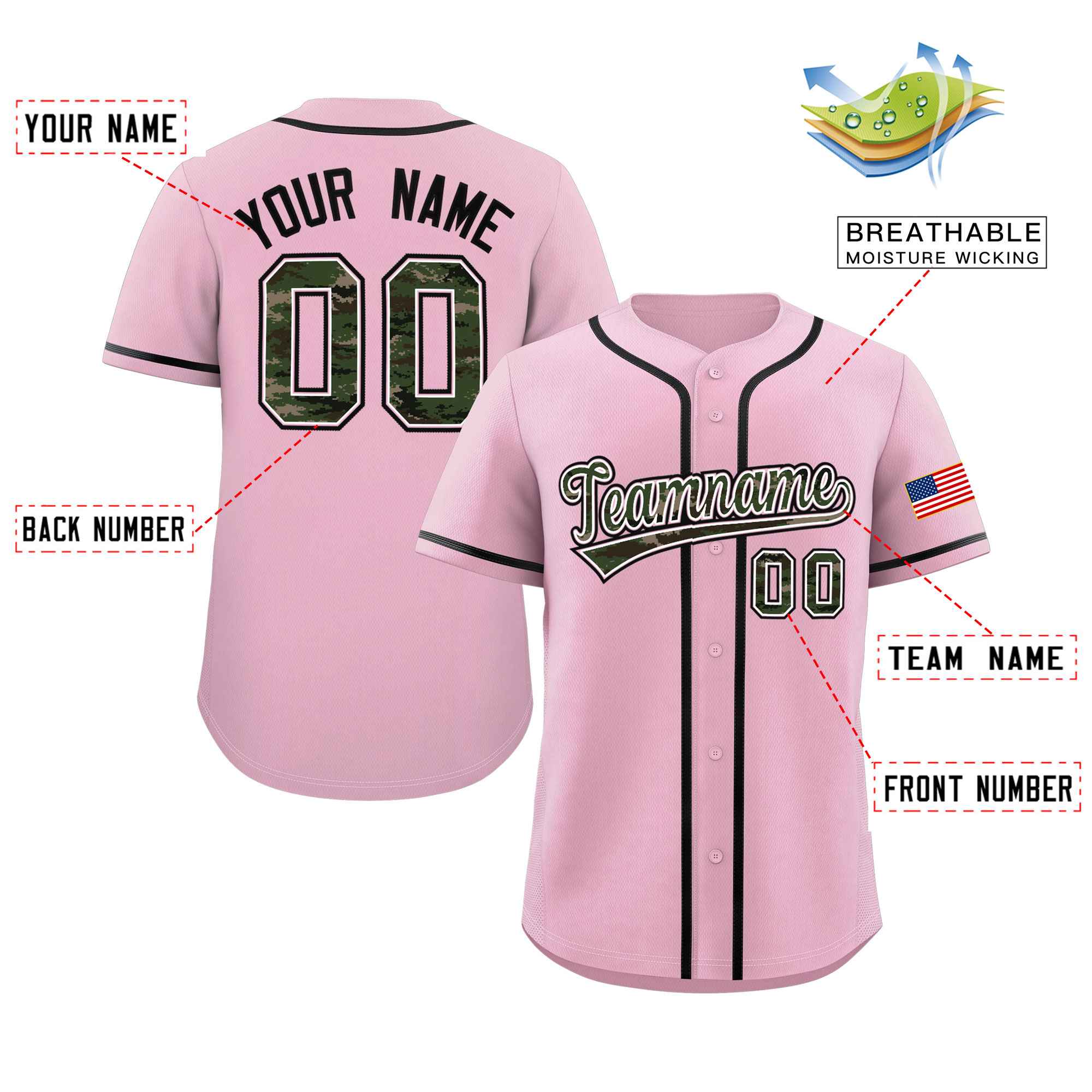 Benutzerdefinierte personalisierte Camo-Schriftart authentisches Baseball-Trikot