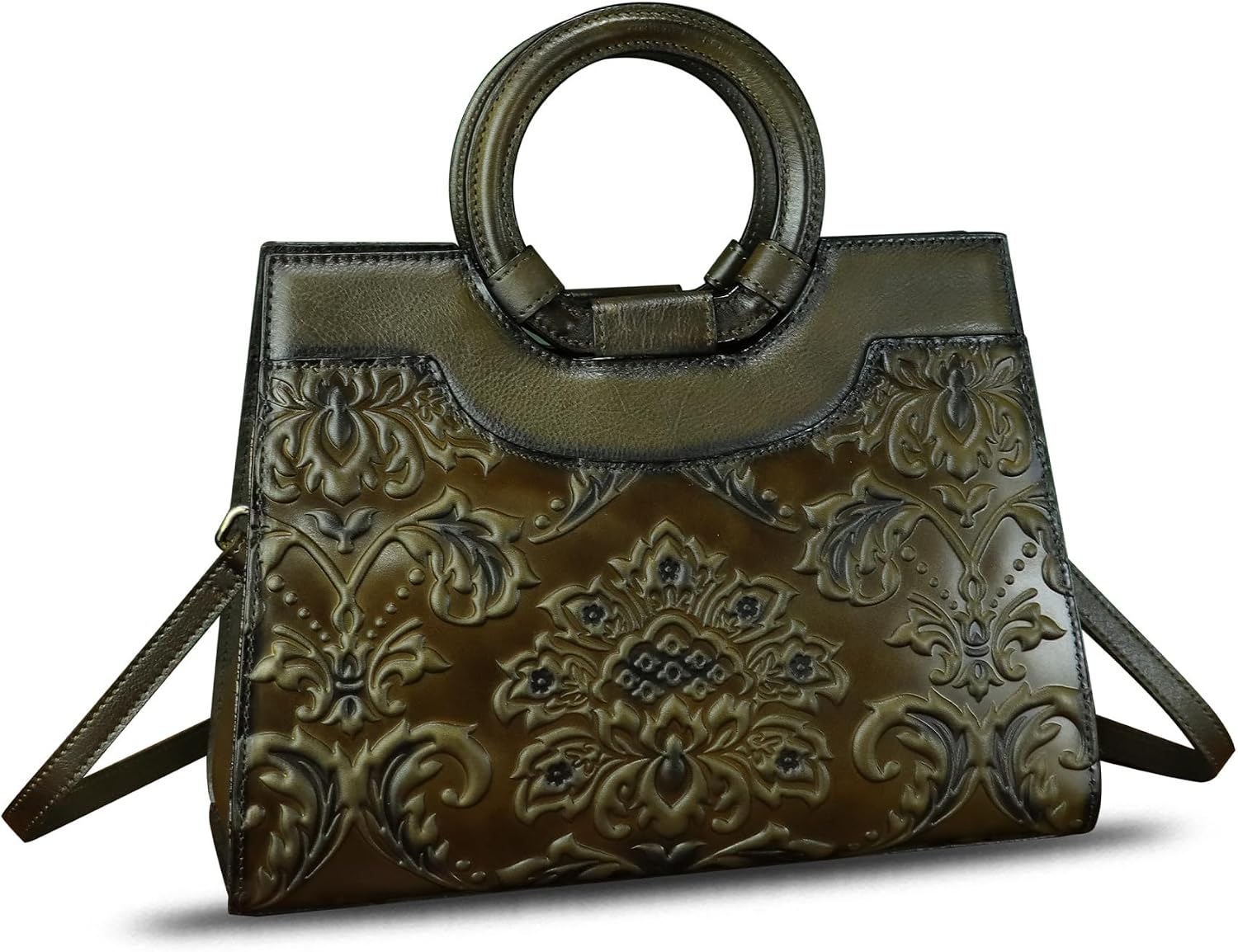 Women's Embossed Floral Leather Top Handle Satchel Olive