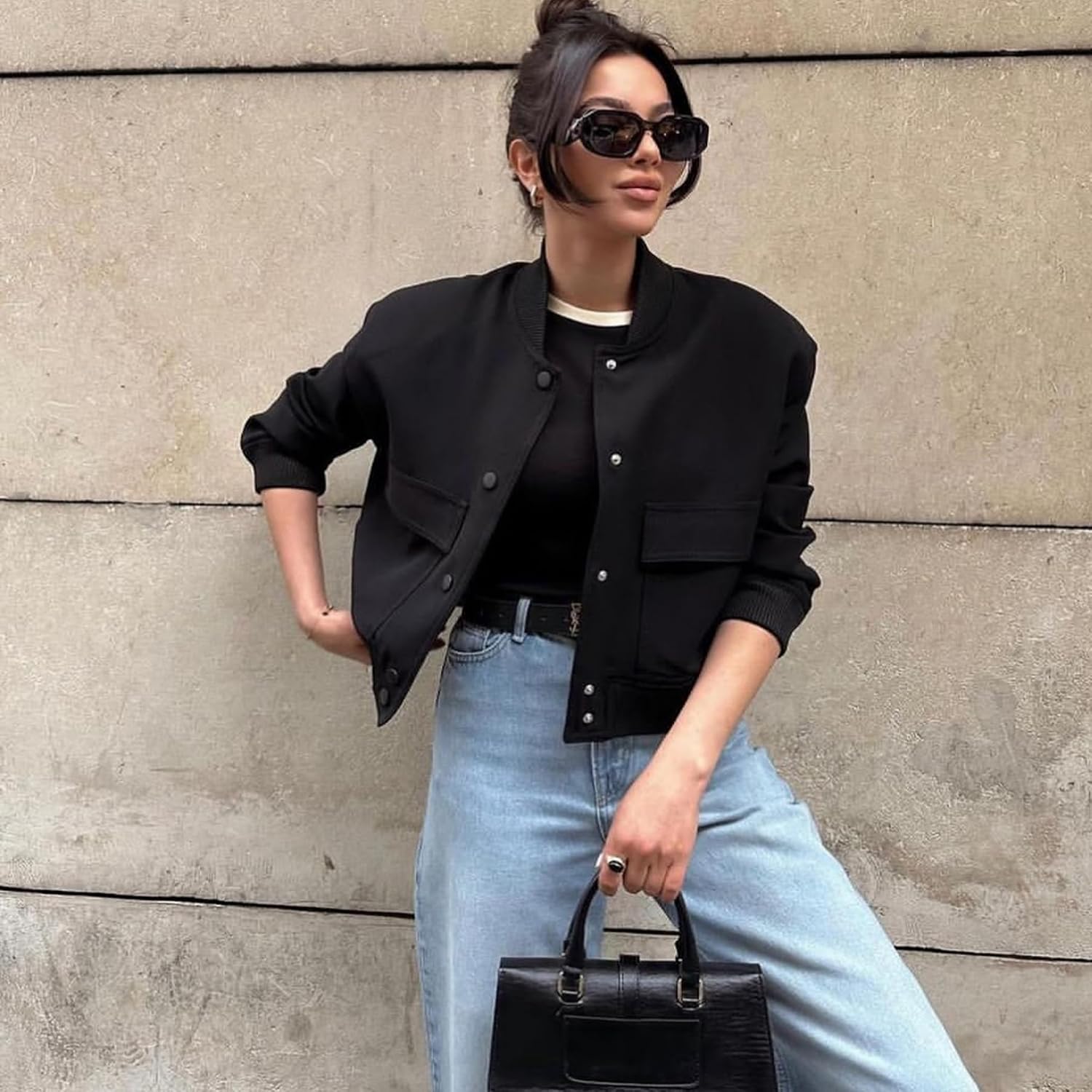 Bomber Jacket Women - Short Cropped Button Down Long Sleeve Casual Varsity Jackets with Pockets