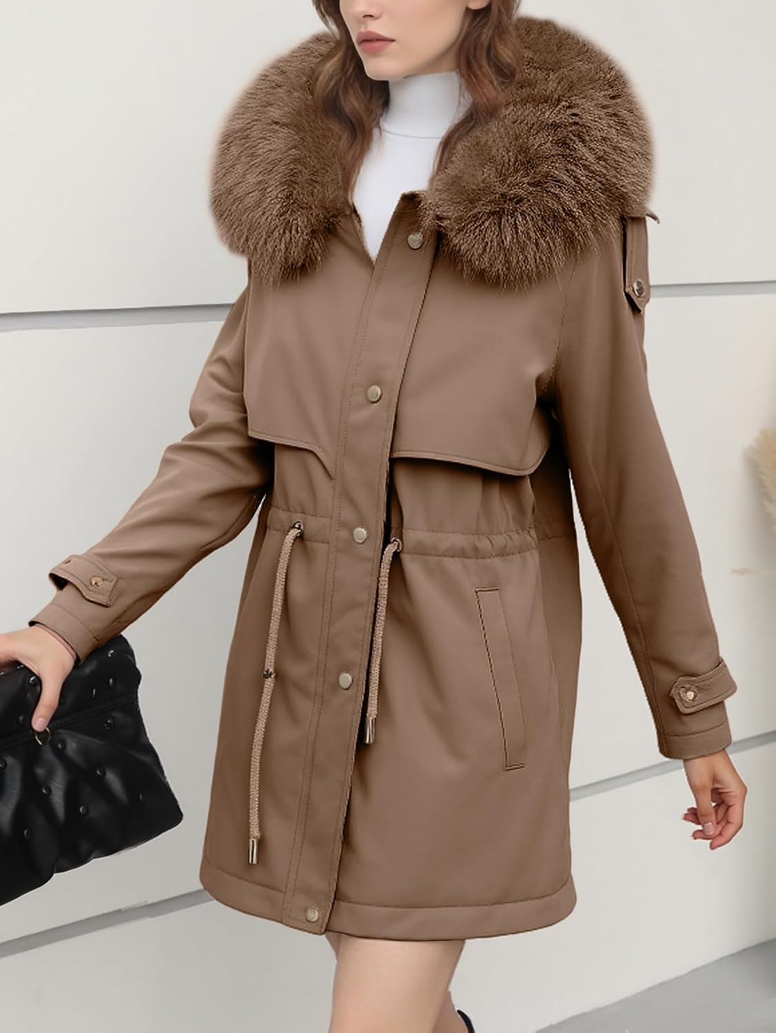 Women Warm Thicken Winter Parka Coat Fleece Lined Military Full-Zip Jacket Overcoat with Fur Hood
