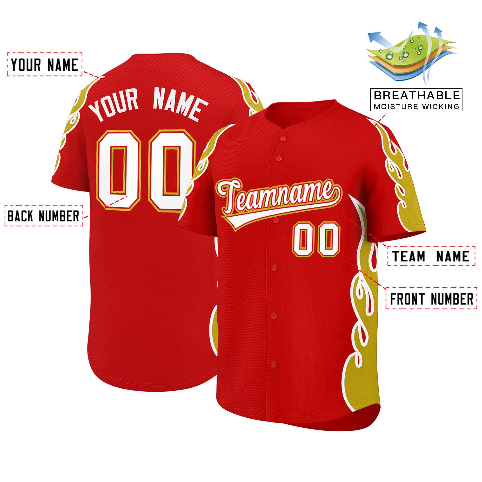 Benutzerdefiniertes Baseball-Trikot mit Seitenflammen-Umrissmuster für Sportuniformen