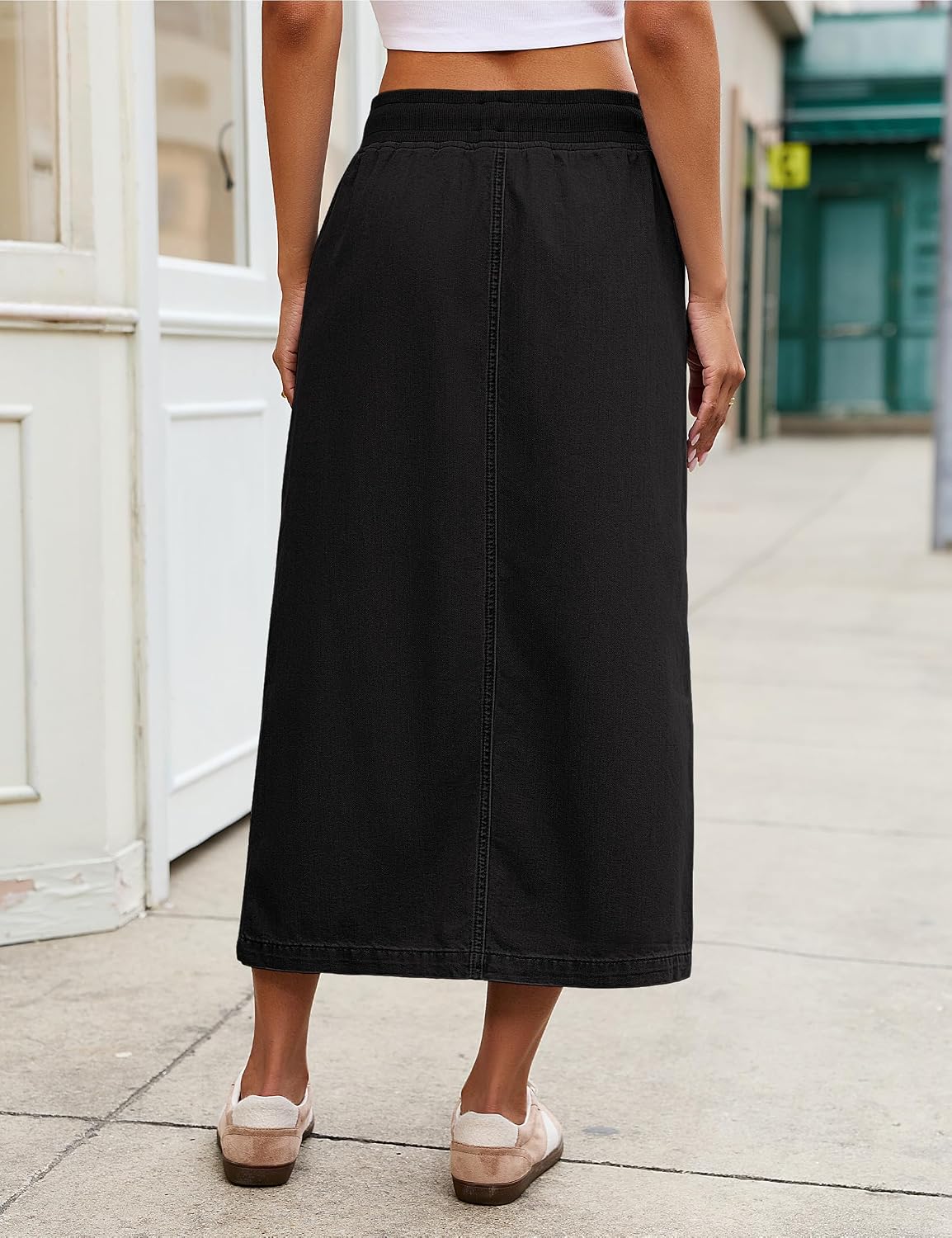 Women's Denim Drawstring Midi Skirt Pockets Black