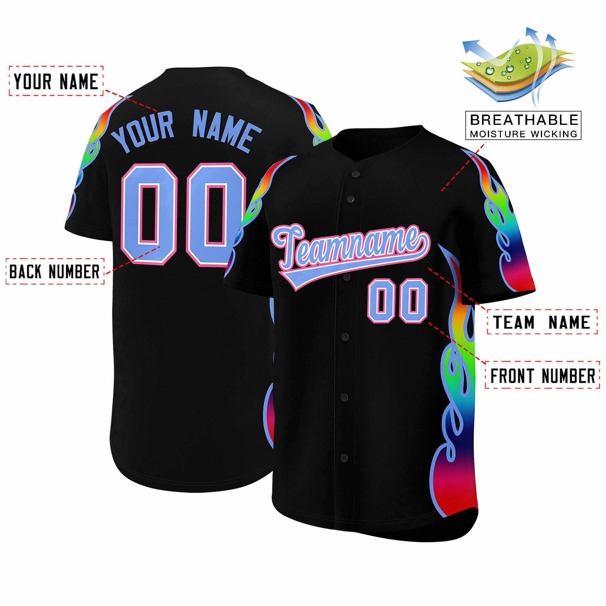 Benutzerdefiniertes Graffiti-Muster, personalisierter mehrfarbiger Flammendruck, authentisches Baseball-Trikot