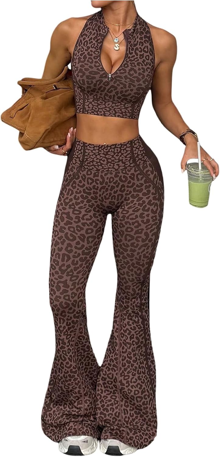 Women's Leopard Print 2 Piece Flare Leggings Workout Set
