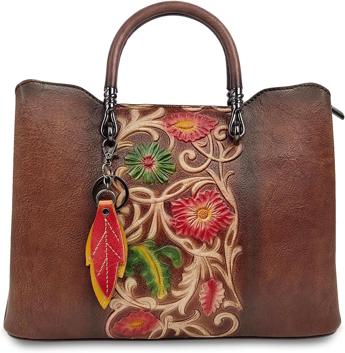 Women's Floral Tooled Leather Top Handle Tote Bag Brown