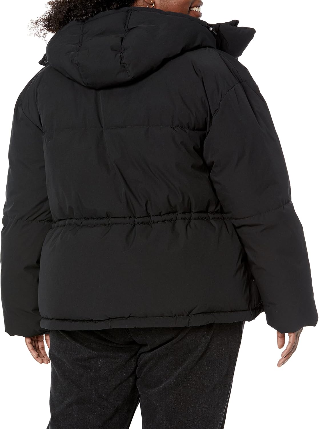 Women's Short Hooded Puffer Jacket Adjustable Waist Black