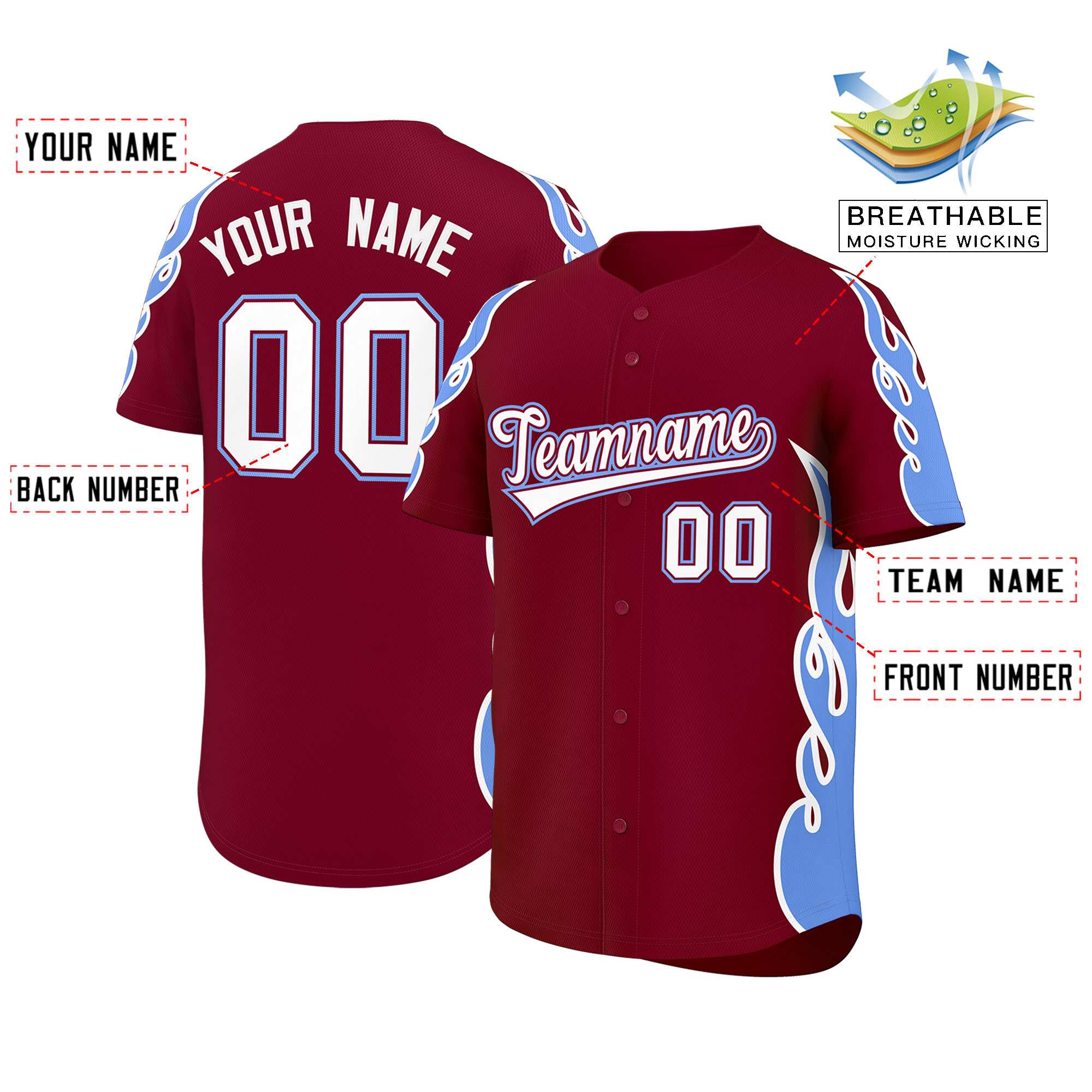 Benutzerdefiniertes Baseball-Trikot mit Seitenflammen-Umrissmuster für Sportuniformen