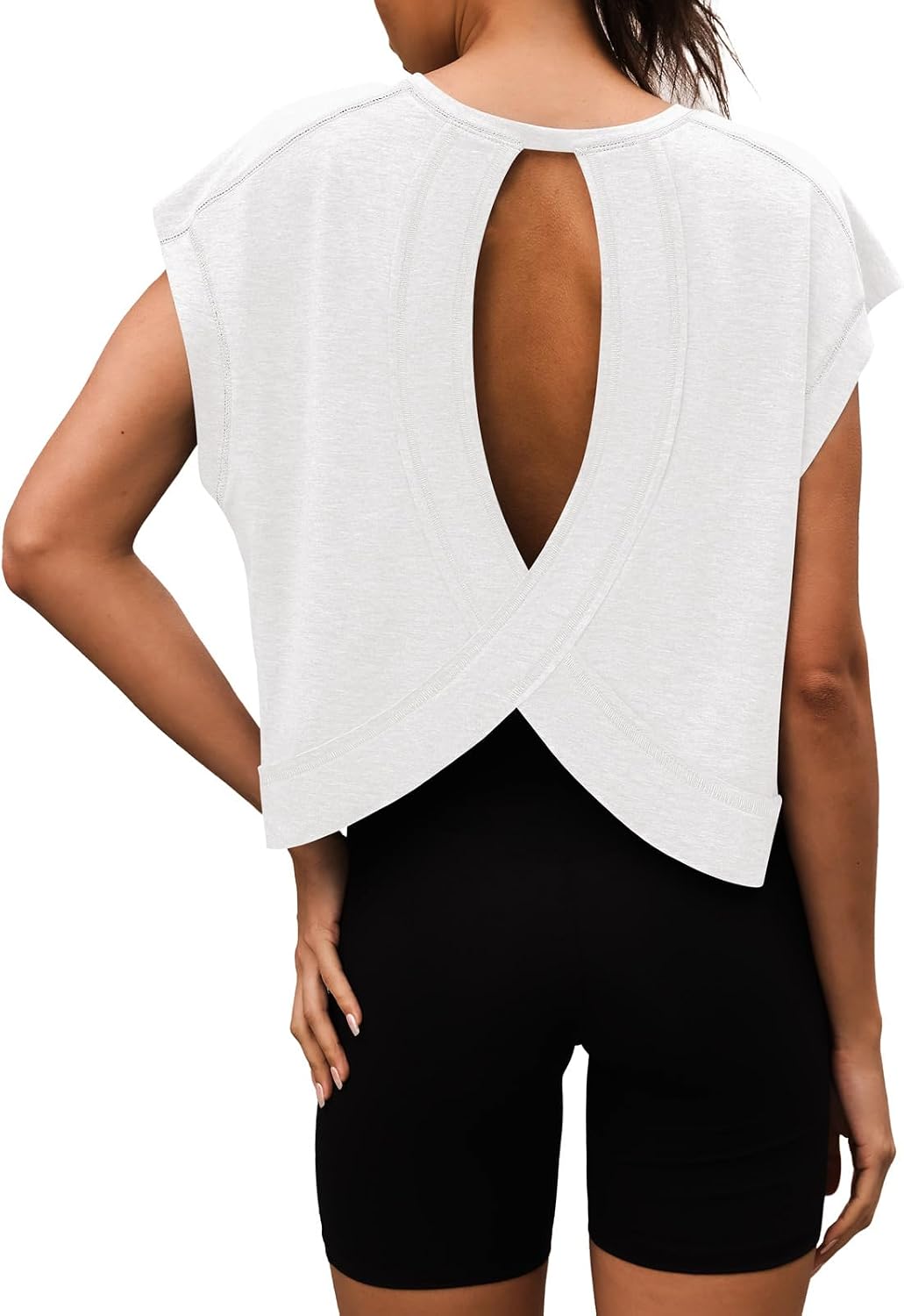 Women's Open Back Workout Tee Short Sleeve Athletic Top