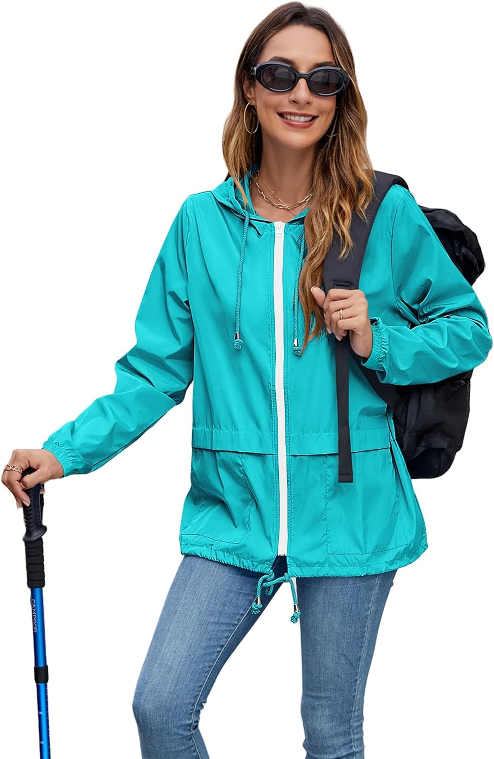 Women's Packable Hooded Rain Jacket Waterproof Teal