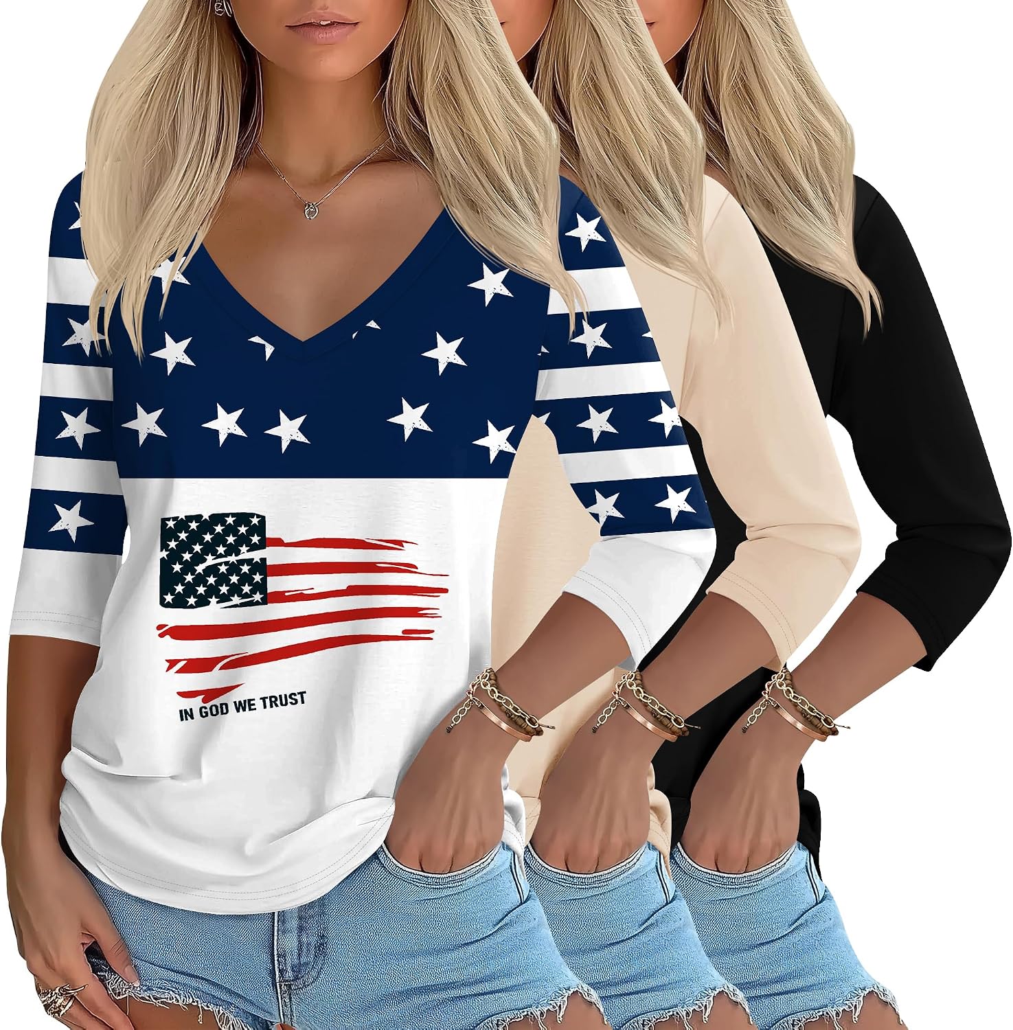 Women's 3 Pack 3/4 Sleeve V Neck T-Shirts