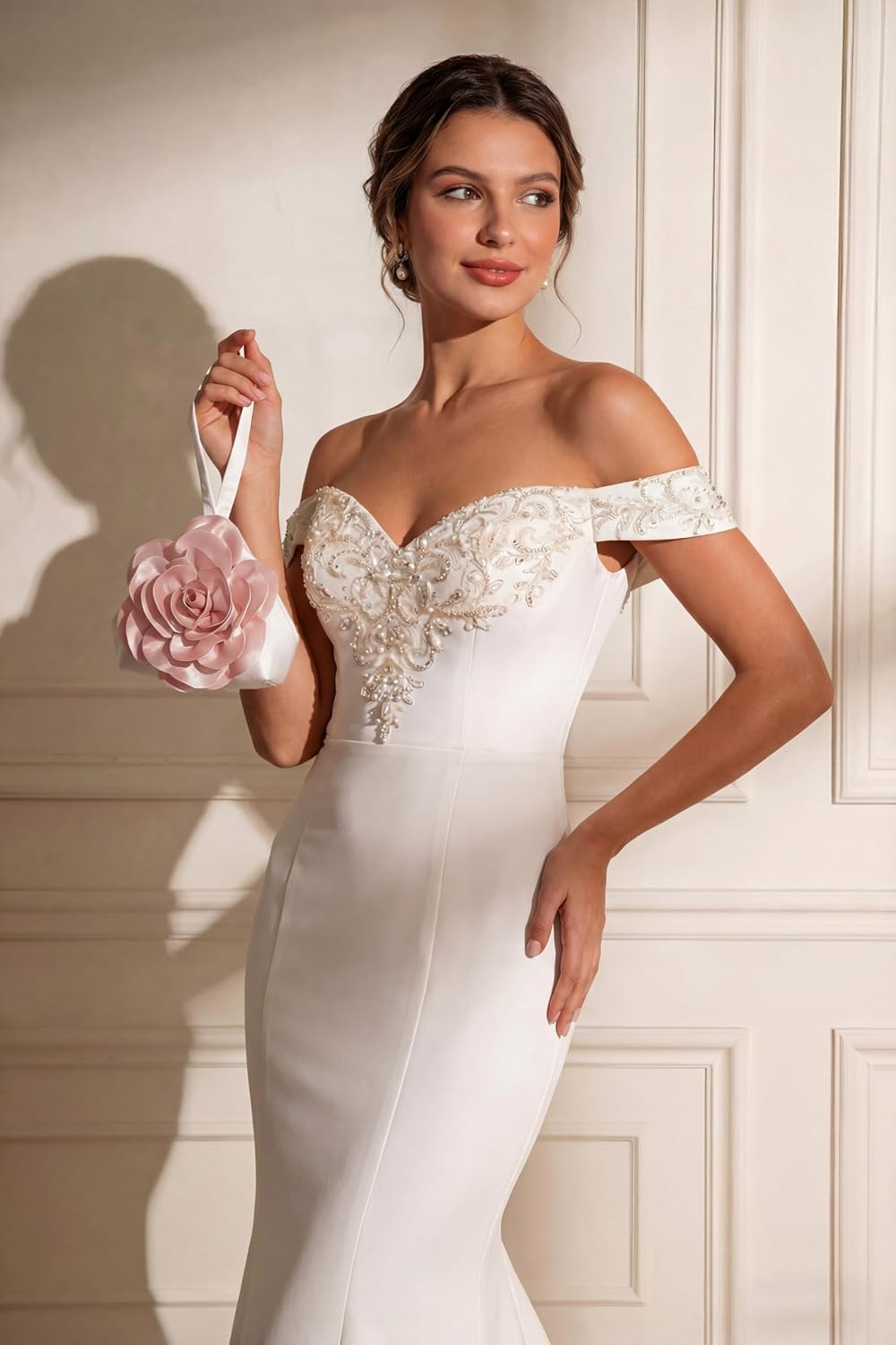 Women's Satin Flower Clutch Purse Bridal Wristlet Wedding Bag