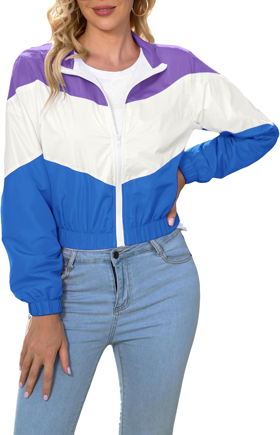 Women\u2019s Lightweight Windbreaker Sport Jacket Zip Up Color Block Coat Long Sleeve Jogging Outerwear