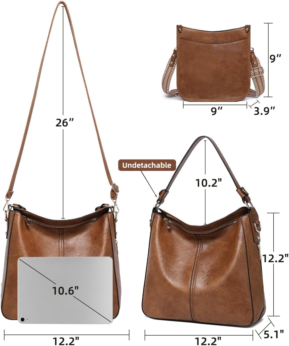 Women's Vegan Leather Hobo Bag Set 3 Pieces Brown Women's Vegan Leather Hobo Bag Set 3 Pieces Brown