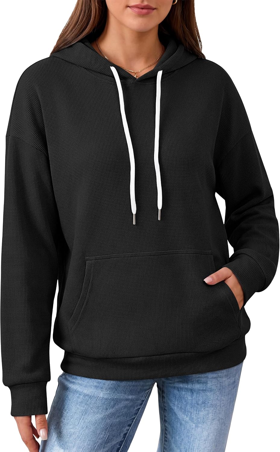 Women's Waffle Knit Hoodie Loose Fit Sweatshirts Drawstring Pullover Tops with Pocket Travel Wear Clothes Fall Winter Outfits