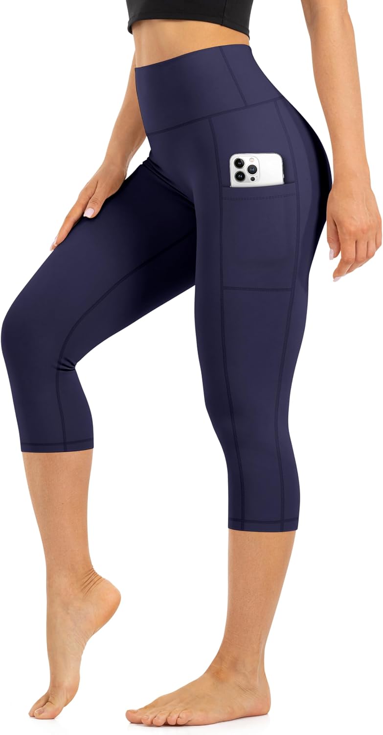 Women's High Waist Capri Leggings with Pockets (Navy)